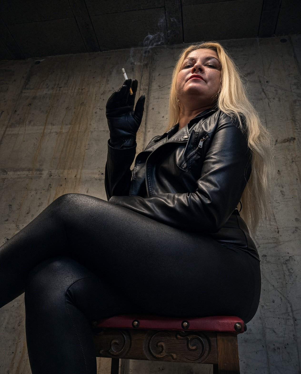 Mistress Marlena seated with a cigarette